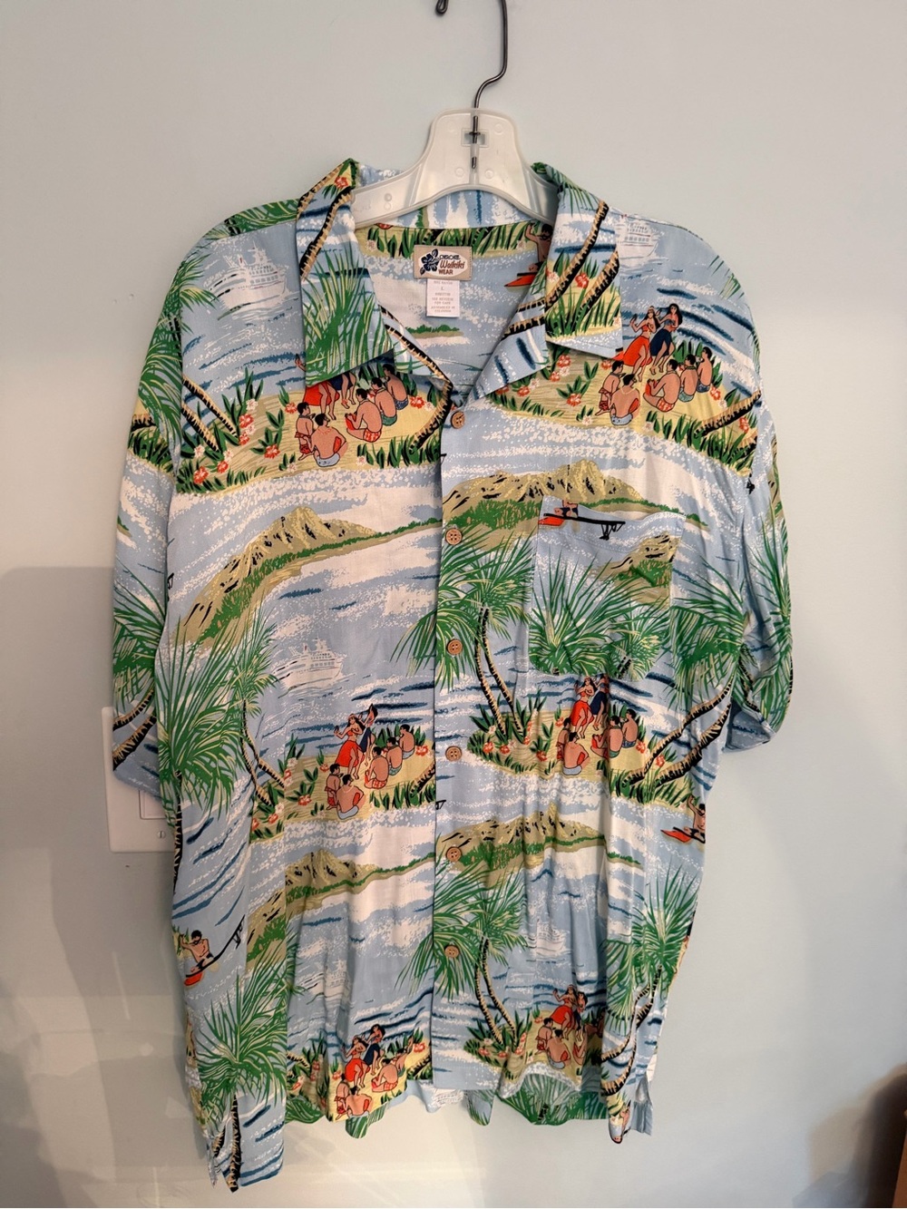 Mens Blue Hawaiian Scene Shirt with Green Palm Etc L